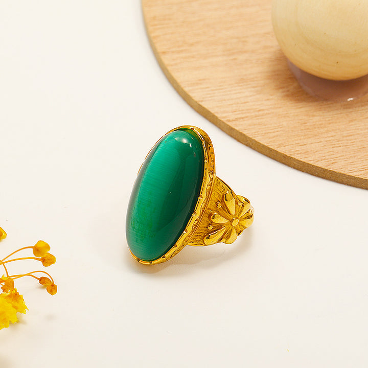 Bague en pierre ovale œil de chat blanc vert Olivenorma
