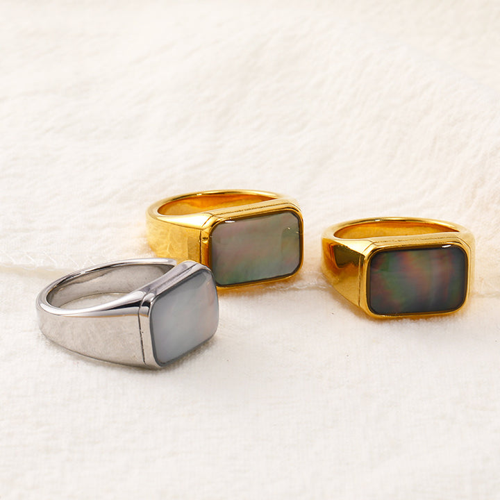 Bague rectangulaire en acier titane et nacre d'ormeau Olivenorma