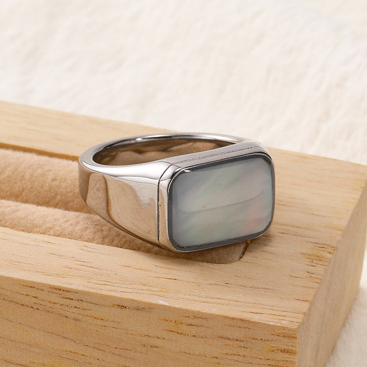 Bague rectangulaire en acier titane et nacre d'ormeau Olivenorma