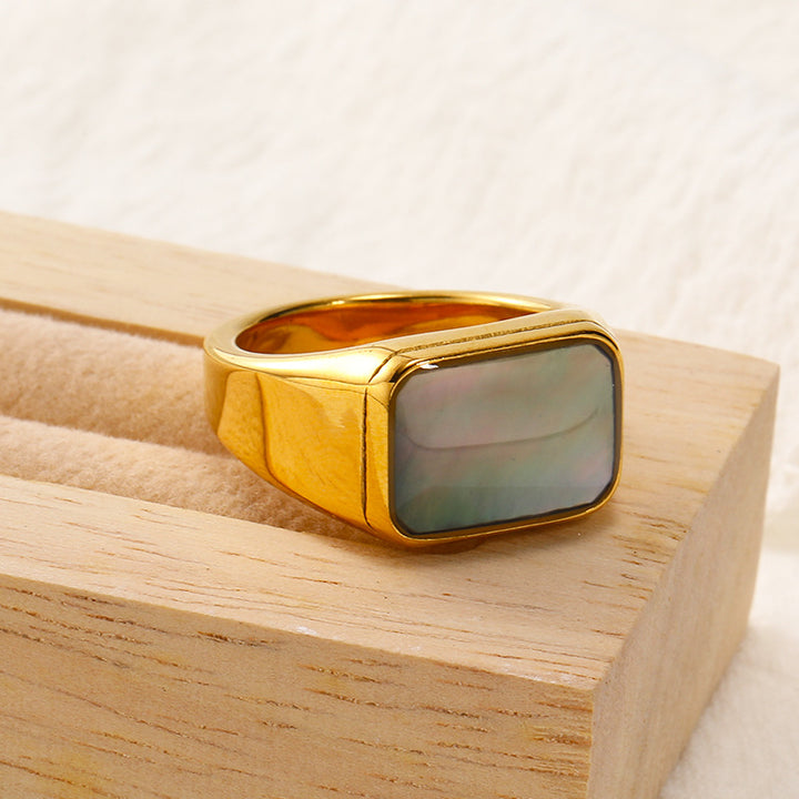 Bague rectangulaire en acier titane et nacre d'ormeau Olivenorma