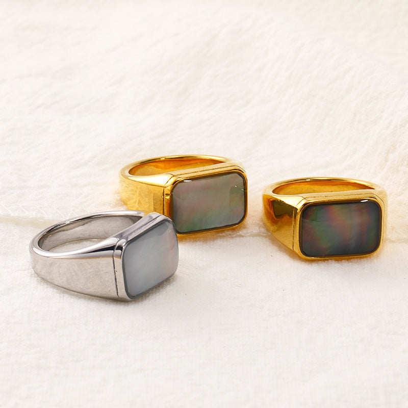 Bague rectangulaire en acier titane et nacre d'ormeau Olivenorma - image 0
