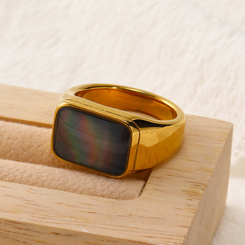 Bague rectangulaire en acier titane et nacre d'ormeau Olivenorma