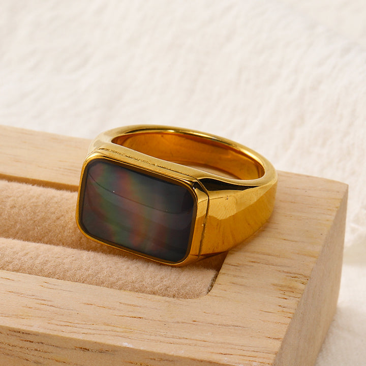 Bague rectangulaire en acier titane et nacre d'ormeau Olivenorma