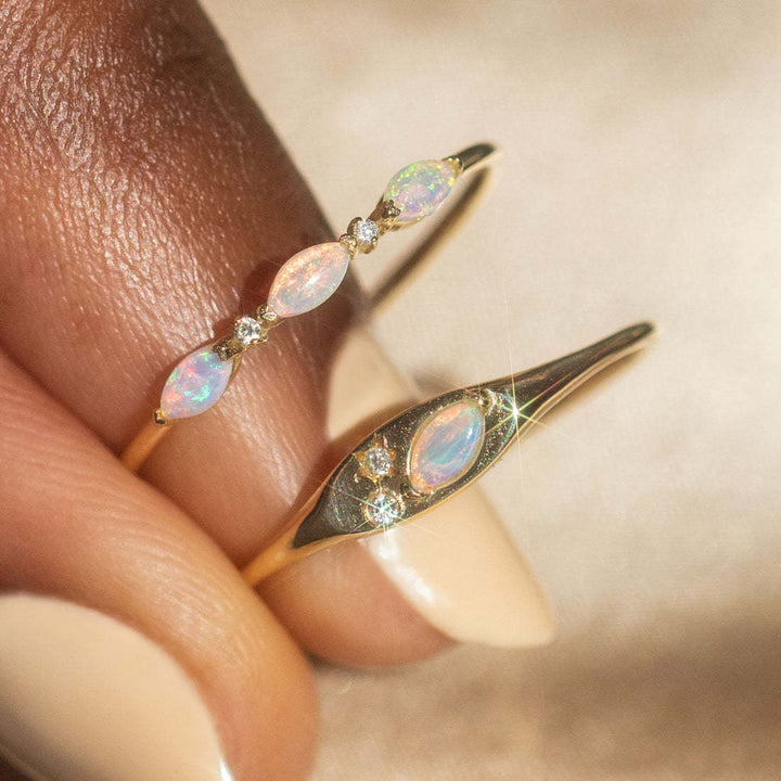 Bague fine en cuivre plaqué or avec zircon blanc et opalite Olivenorma