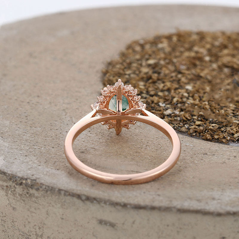 Bague de fiançailles vintage Olivenorma en agate mousse et zircon blanc