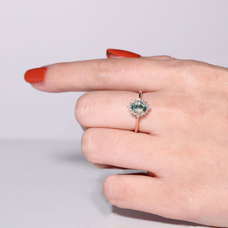 Bague de fiançailles vintage Olivenorma en agate mousse et zircon blanc