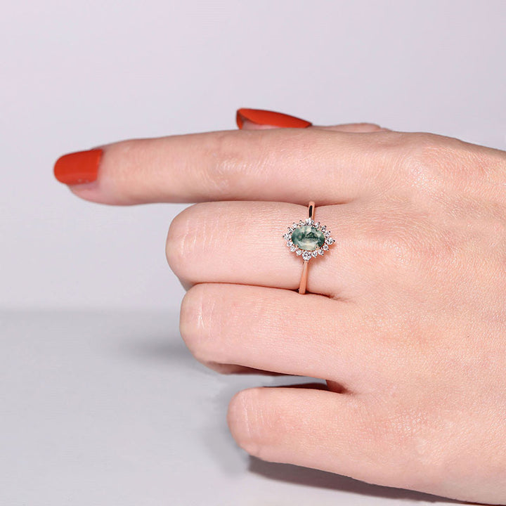 Bague de fiançailles vintage Olivenorma en agate mousse et zircon blanc