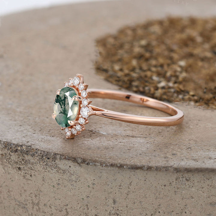 Bague de fiançailles vintage Olivenorma en agate mousse et zircon blanc