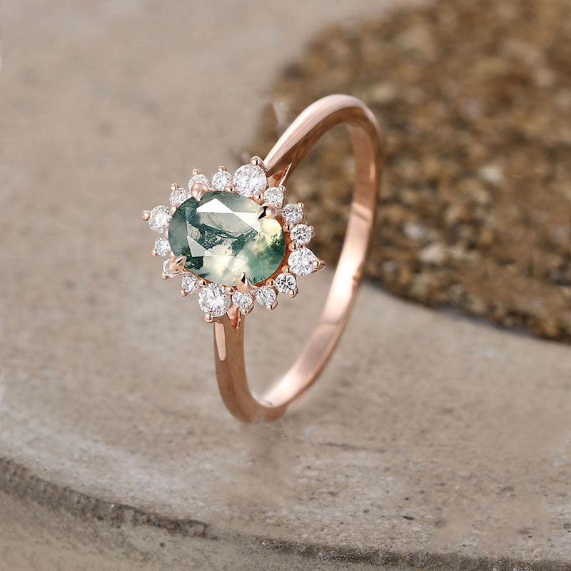 Bague de fiançailles vintage Olivenorma en agate mousse et zircon blanc
