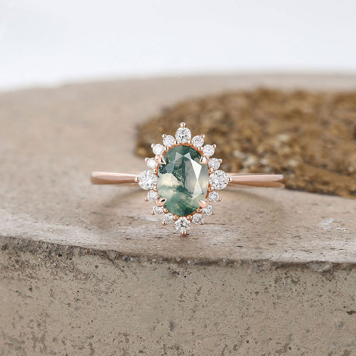 Bague de fiançailles vintage Olivenorma en agate mousse et zircon blanc