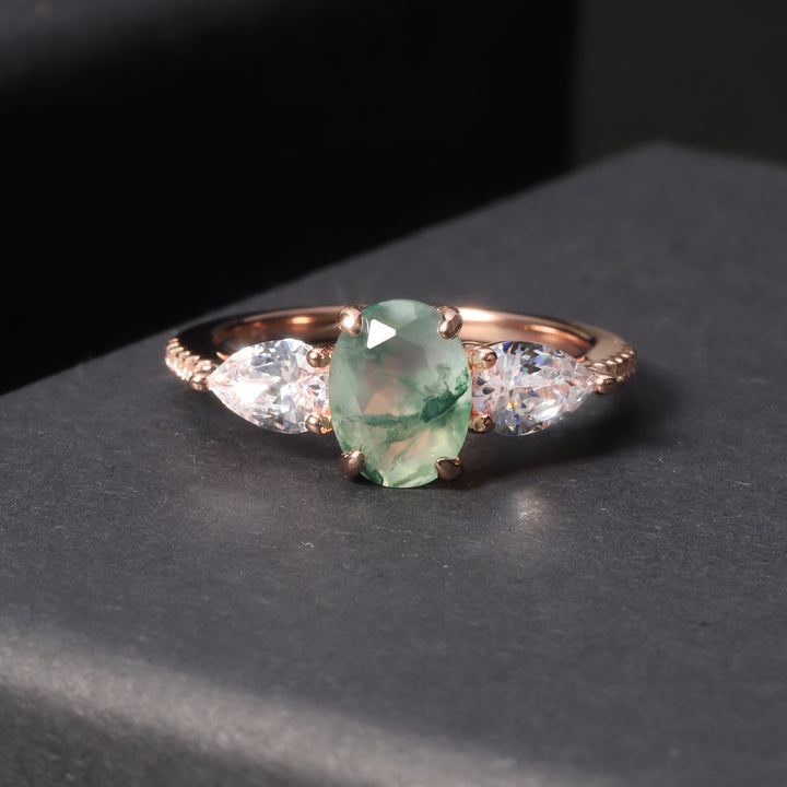 Bague bilatérale en zircon blanc et agate mousse Olivenorma