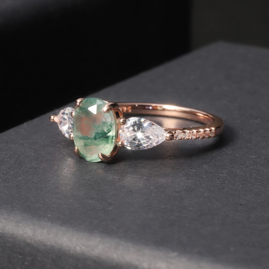 Bague bilatérale en zircon blanc et agate mousse Olivenorma