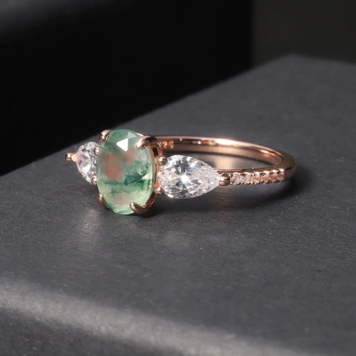 Bague bilatérale en zircon blanc et agate mousse Olivenorma