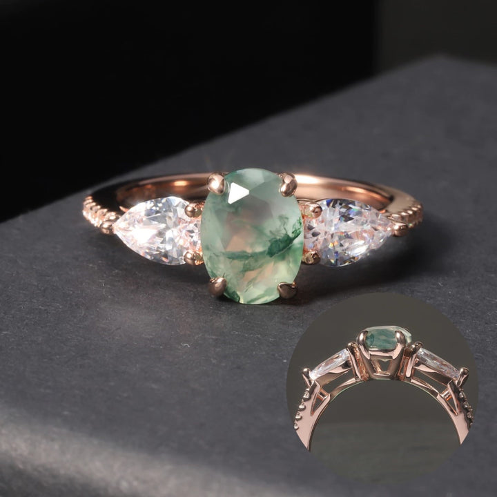 Bague bilatérale en zircon blanc et agate mousse Olivenorma