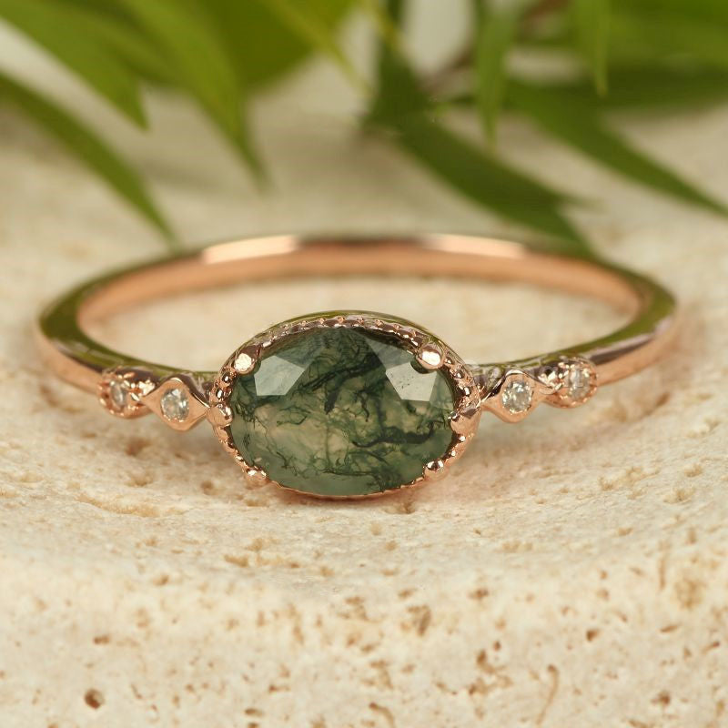 Bague en agate mousse ovale dorée pour femme Olivenorma