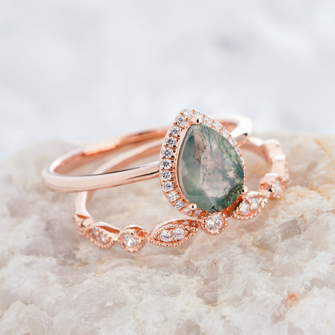 Bague de fiançailles Olivenorma en agate mousse taille poire