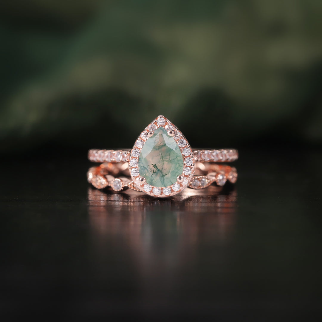 Bague de fiançailles Olivenorma en agate mousse taille poire