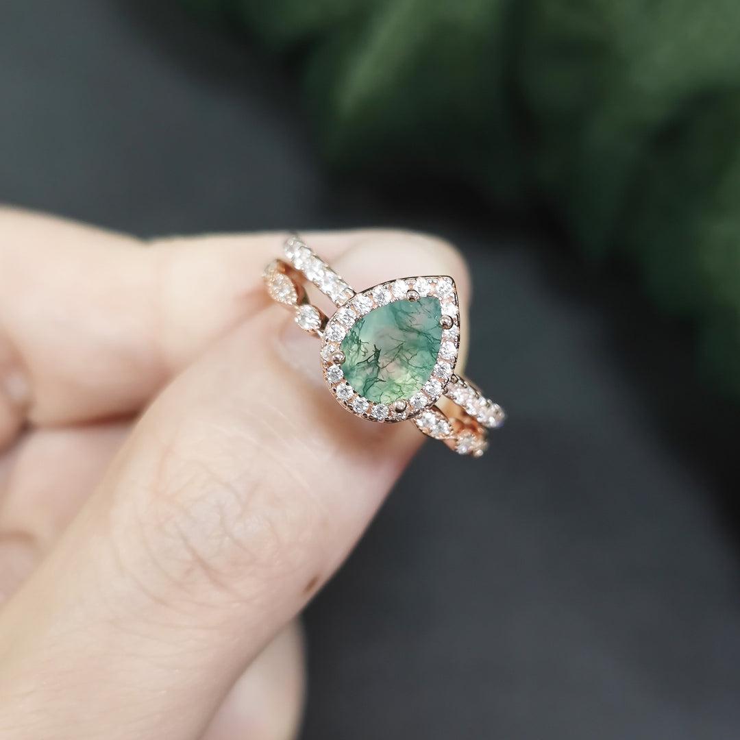 Bague de fiançailles Olivenorma en agate mousse taille poire