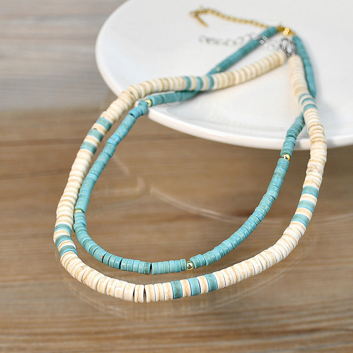 Collier de perles en rouleau turquoise et zircon blanc Olivenorma 