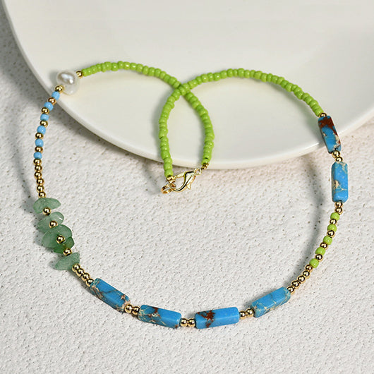 Collier de perles de jade vert et pierre empereur bleu Olivenorma 