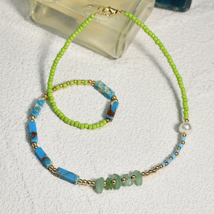 Collier de perles de jade vert et pierre empereur bleu Olivenorma 