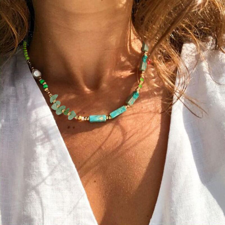 Collier de perles de jade vert et pierre empereur bleu Olivenorma 