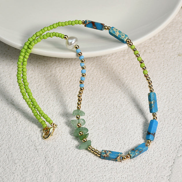 Collier de perles de jade vert et pierre empereur bleu Olivenorma 