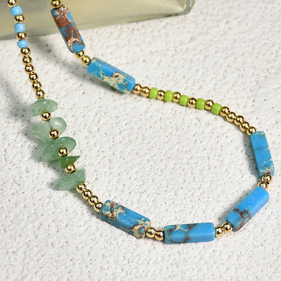 Collier de perles de jade vert et pierre empereur bleu Olivenorma 