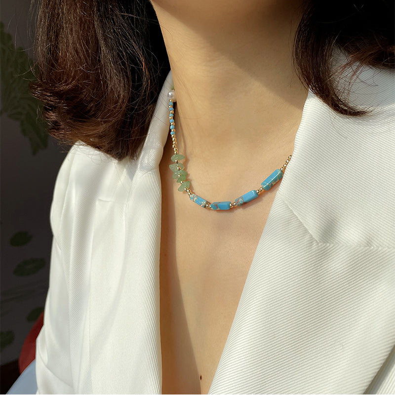Collier de perles de jade vert et pierre empereur bleu Olivenorma 