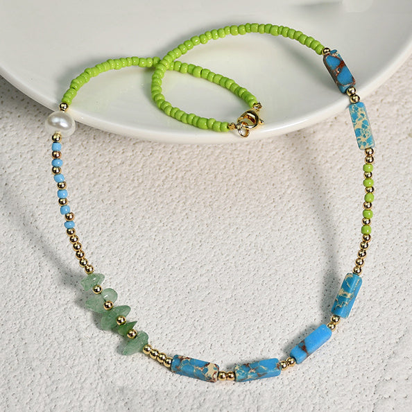 Collier de perles de jade vert et pierre empereur bleu Olivenorma 