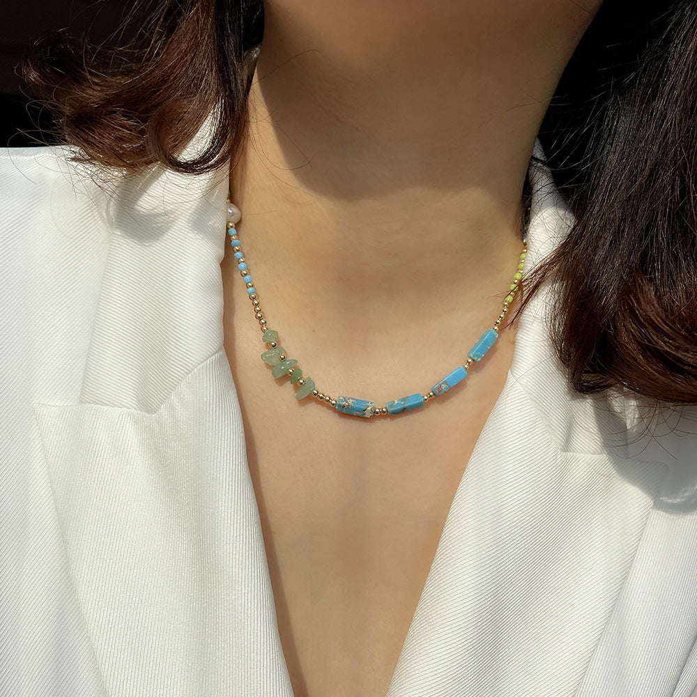 Collier de perles de jade vert et pierre empereur bleu Olivenorma 