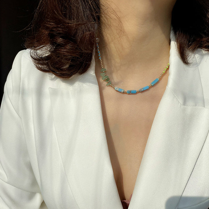 Collier de perles de jade vert et pierre empereur bleu Olivenorma 