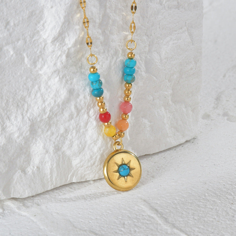 Collier pendentif turquoise Olivenorma en acier titane 14 carats 