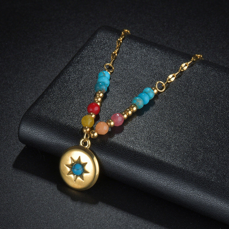 Collier pendentif turquoise Olivenorma en acier titane 14 carats 