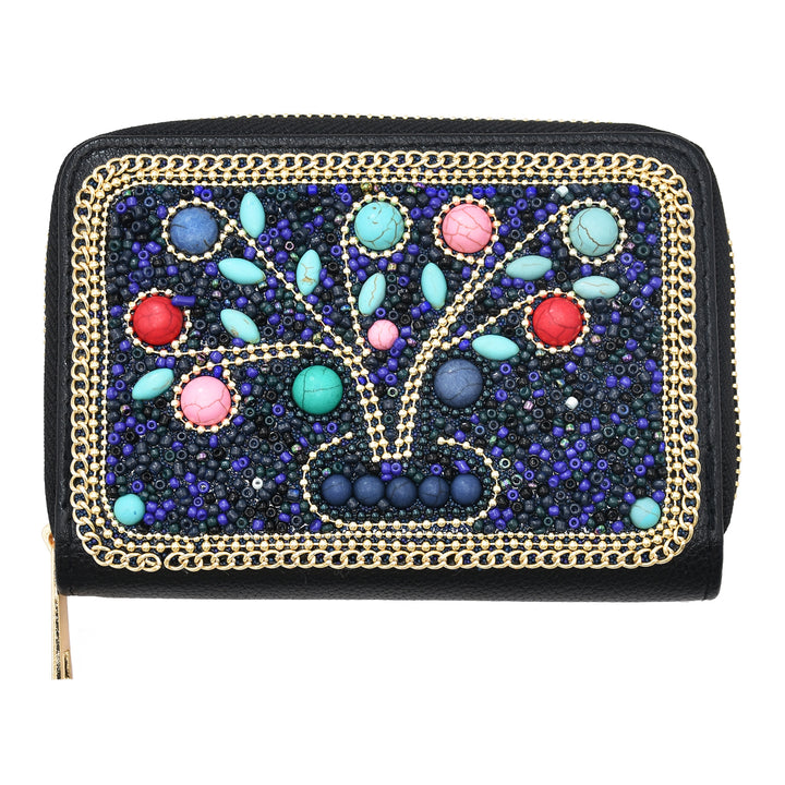 Pochette Olivenorma en perles de riz turquoise à motif arbre de vie