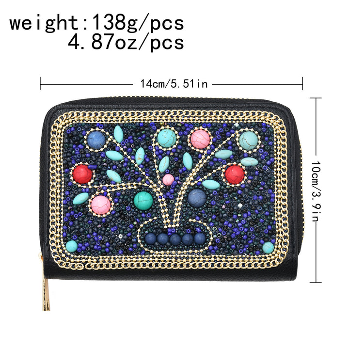 Pochette Olivenorma en perles de riz turquoise à motif arbre de vie