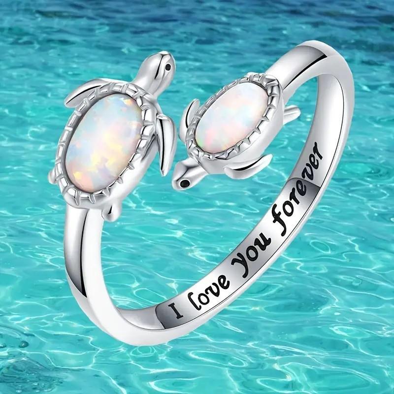 Bague plaquée opale à deux tortues Olivenorma "Je t'aime pour toujours"