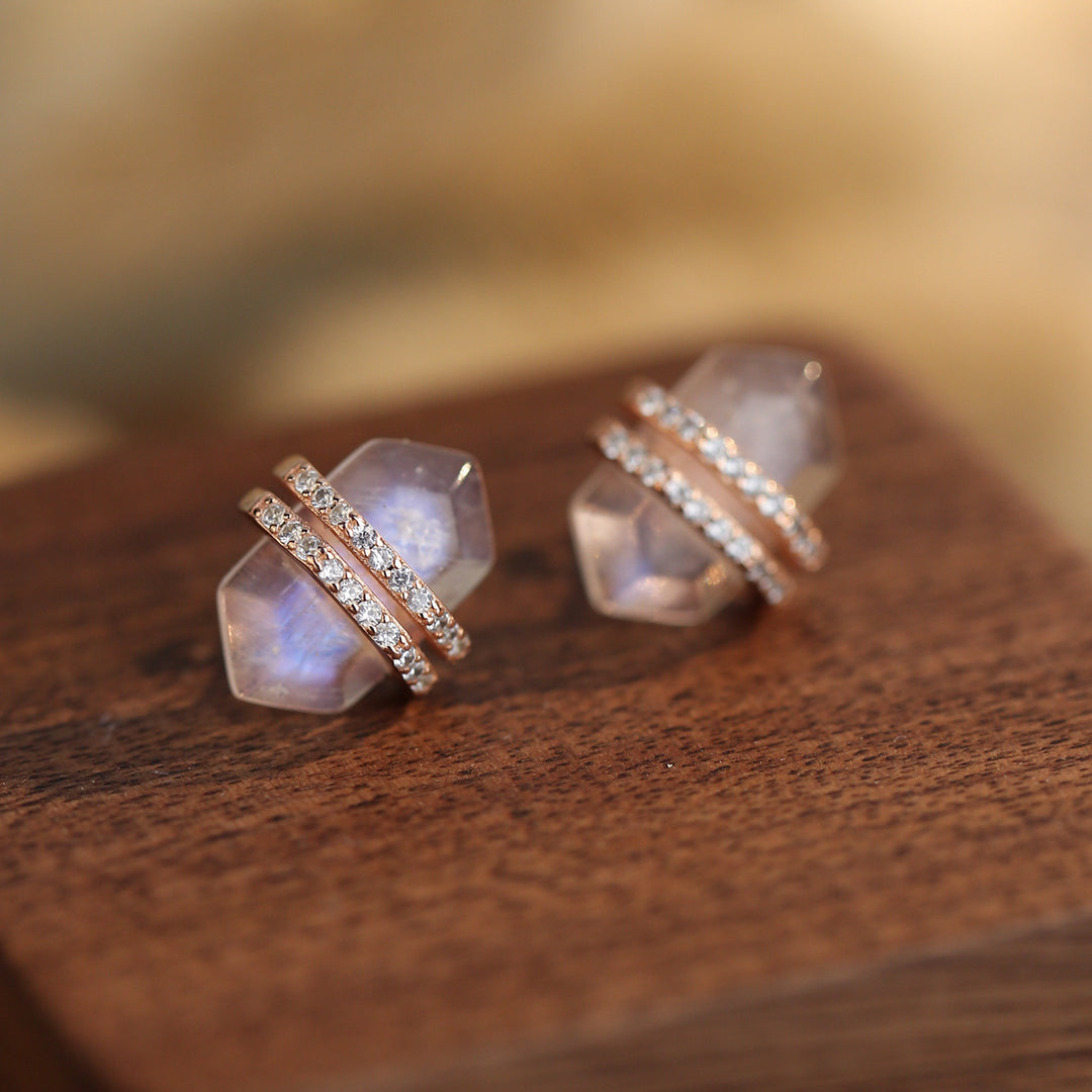 Boucles d'oreilles hexagonales Olivenorma en argent sterling S925 avec zircon blanc et pierre de lune