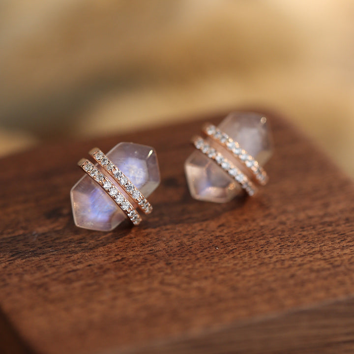 Boucles d'oreilles hexagonales Olivenorma en argent sterling S925 avec zircon blanc et pierre de lune
