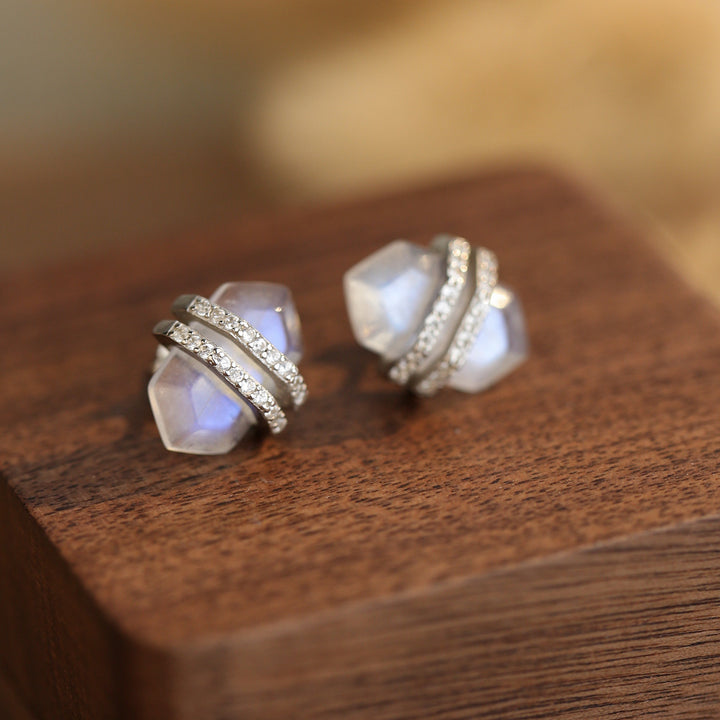 Boucles d'oreilles hexagonales Olivenorma en argent sterling S925 avec zircon blanc et pierre de lune