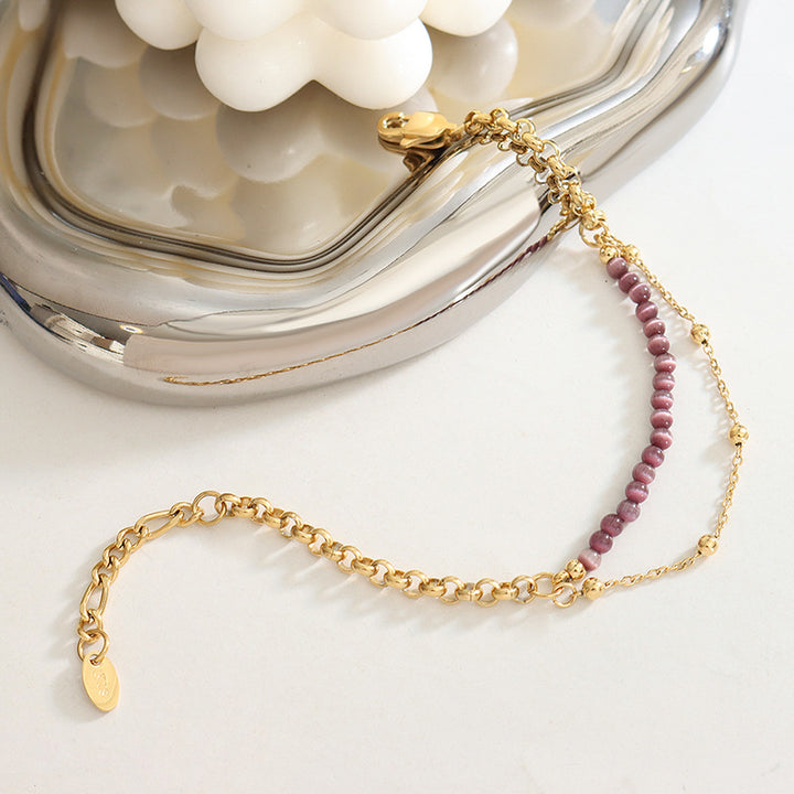 Bracelet double couche en acier titane avec pierre œil de chat violet Olivenorma