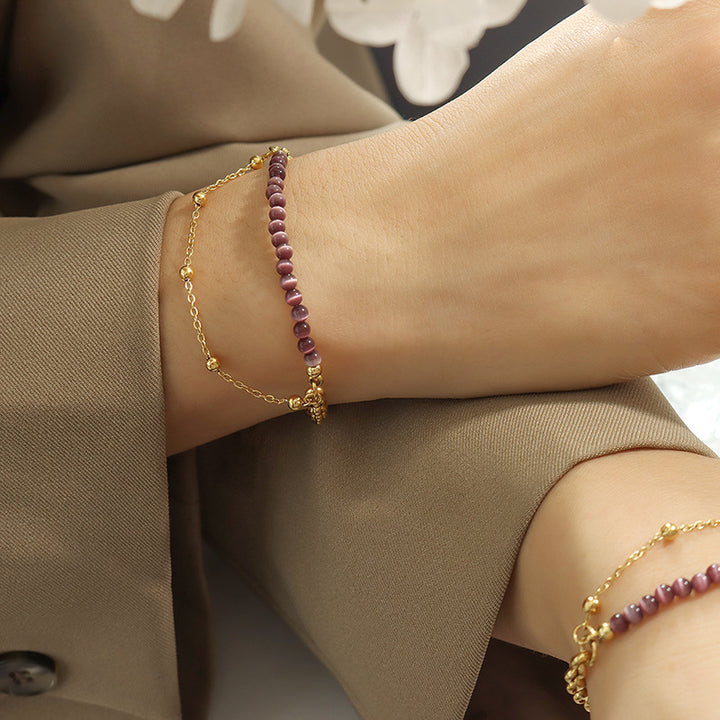 Bracelet double couche en acier titane avec pierre œil de chat violet Olivenorma