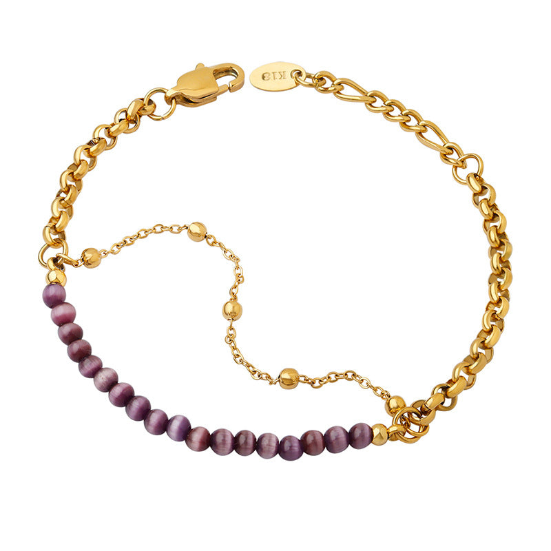 Bracelet double couche en acier titane avec pierre œil de chat violet Olivenorma