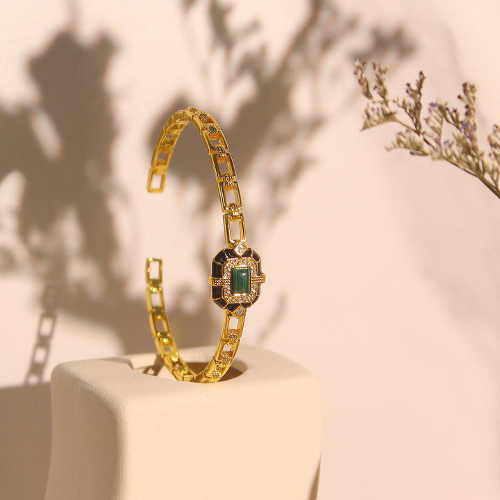 Bracelet jonc ajustable de qualité supérieure en onyx noir et malachite Olivenorma