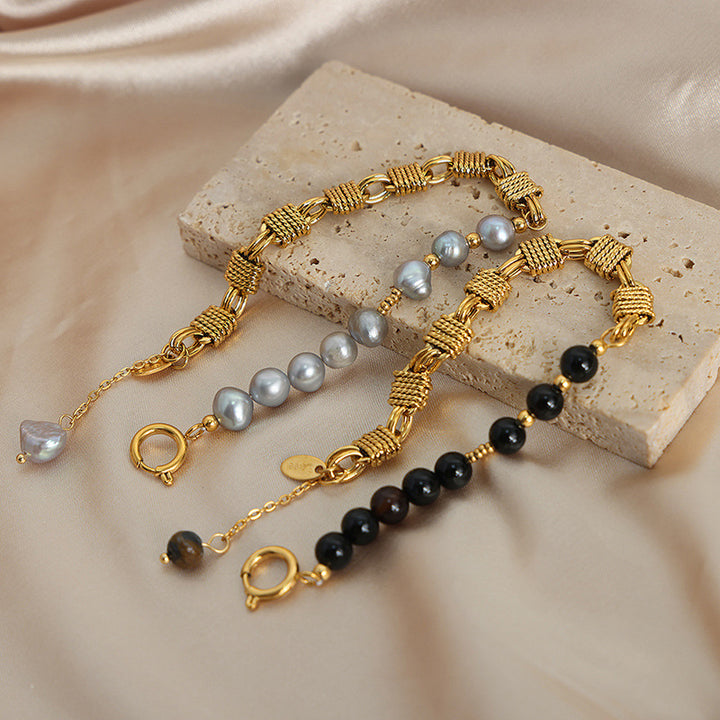 Bracelet en acier titane et perles d'onyx noir et d'agate Olivenorma