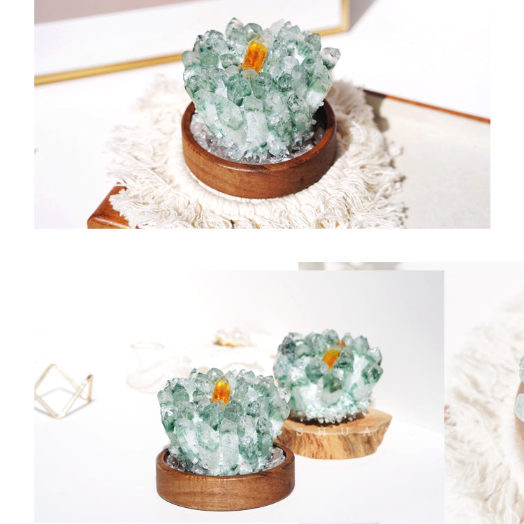Décoration en grappe de cristal à base de bois massif de quartz fantôme vert Olivenorma