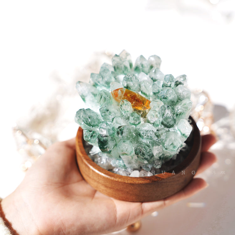 Décoration en grappe de cristal à base de bois massif de quartz fantôme vert Olivenorma