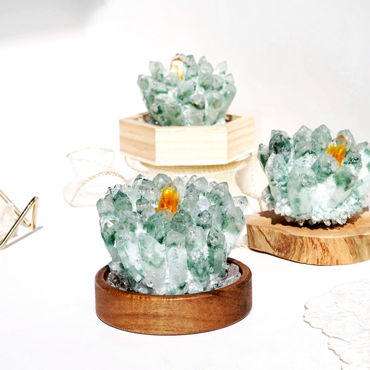 Décoration en grappe de cristal à base de bois massif de quartz fantôme vert Olivenorma