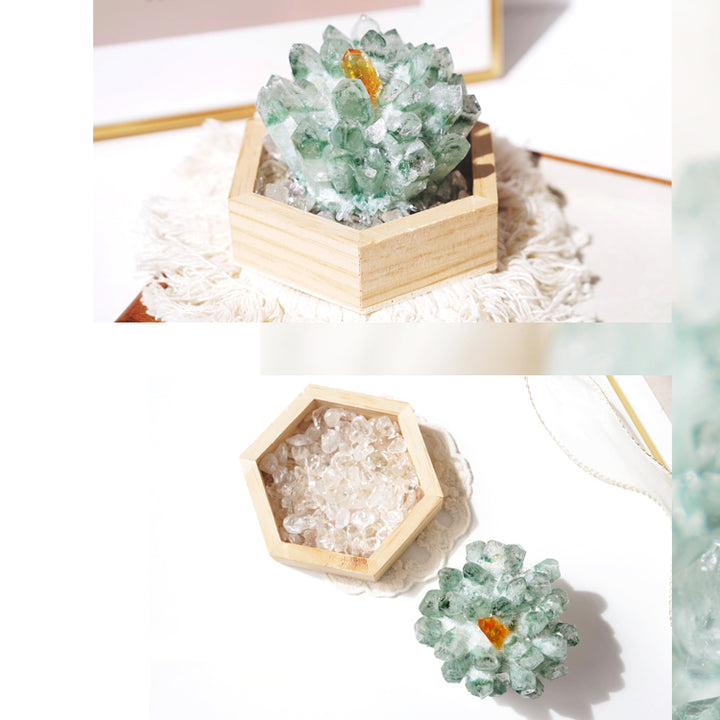 Décoration en grappe de cristal à base de bois massif de quartz fantôme vert Olivenorma