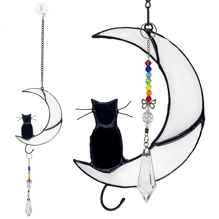 Ornement de fenêtre en verre Olivenorma White Moon Chat Noir